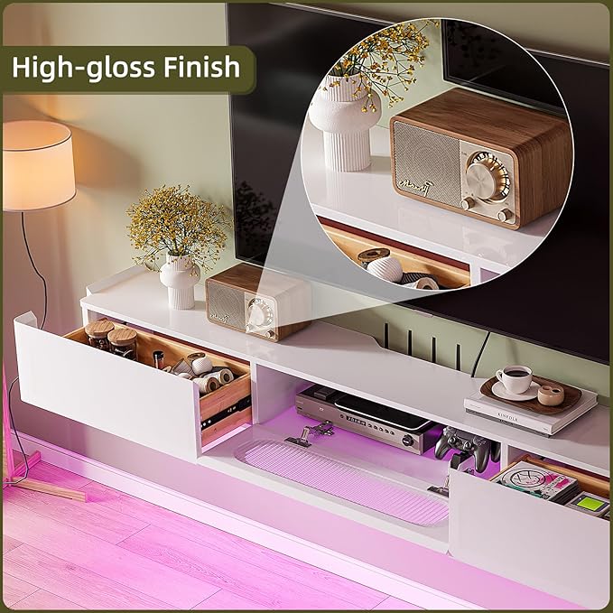 Floaticase Floating TV Stand, 47IN Fully Assembled Hign Gloss Wall Mounted TV Console with Flip-Down Door & Drawers for Livingroom, Bedroom