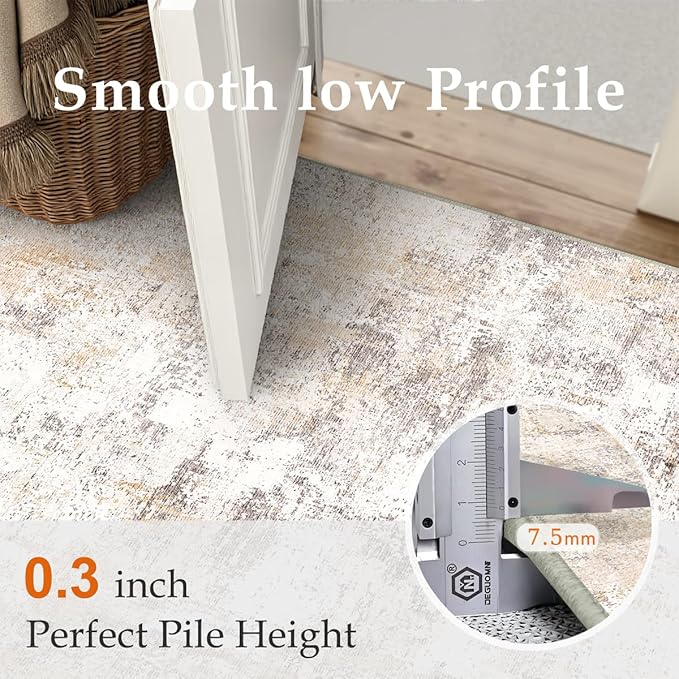 9x12 Washable Area Rug Beige Grey Neutral Abstract Living Room Bedroom Large Throw Rug Non Slip Soft Low Pile Indoor Floor Carpet for Dining Room Kitchen Office Entryway