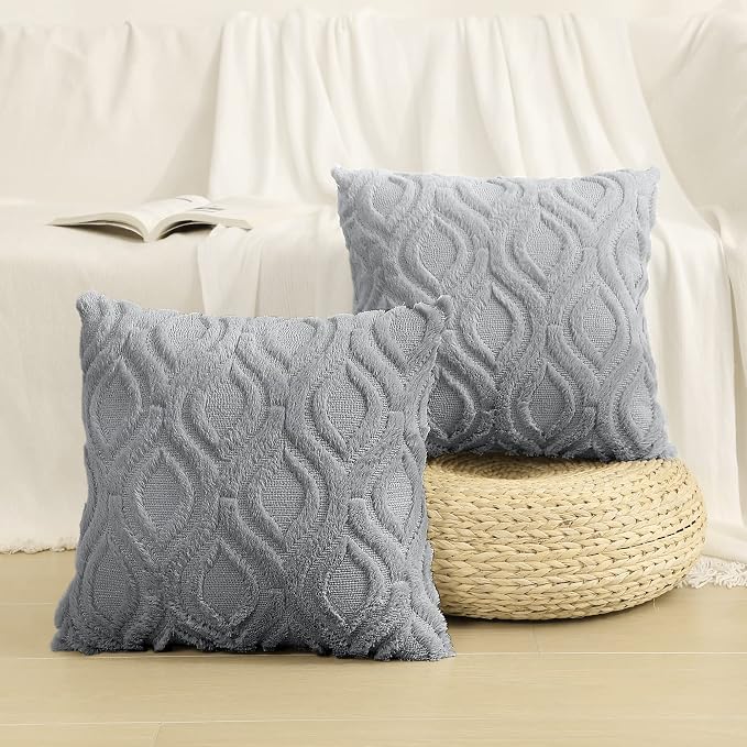 decorUhome Throw Pillow Covers 22x22 Inch Set of 2, Soft Plush Faux Wool Grey - Image 7