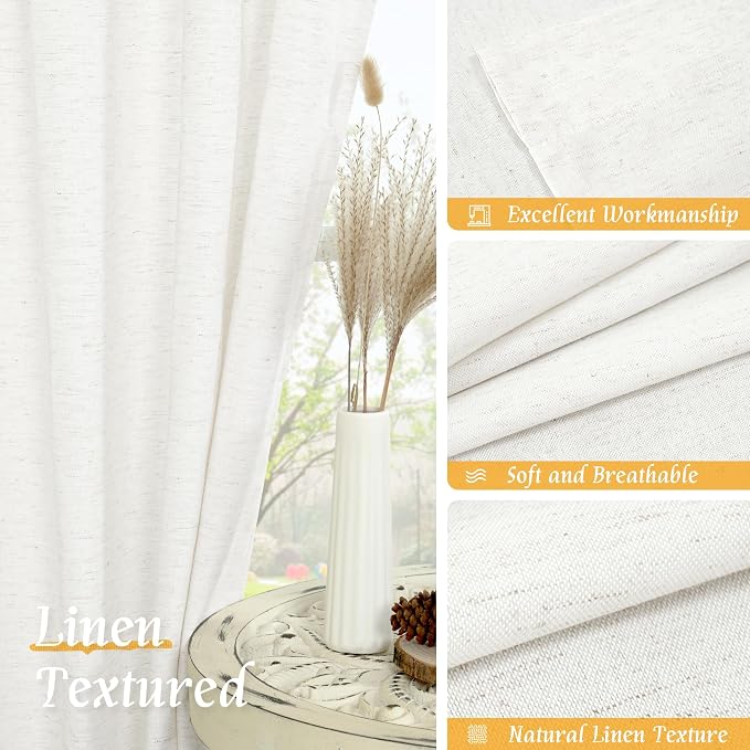 LAMIT Ivory White Linen Curtains 54 Inch Length, Faux Linen Textured Light - Image 7