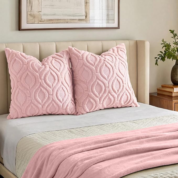 decorUhome Throw Pillow Covers 16x16 Inch Set of 2, Soft Plush Faux Wool Pink - Image 7