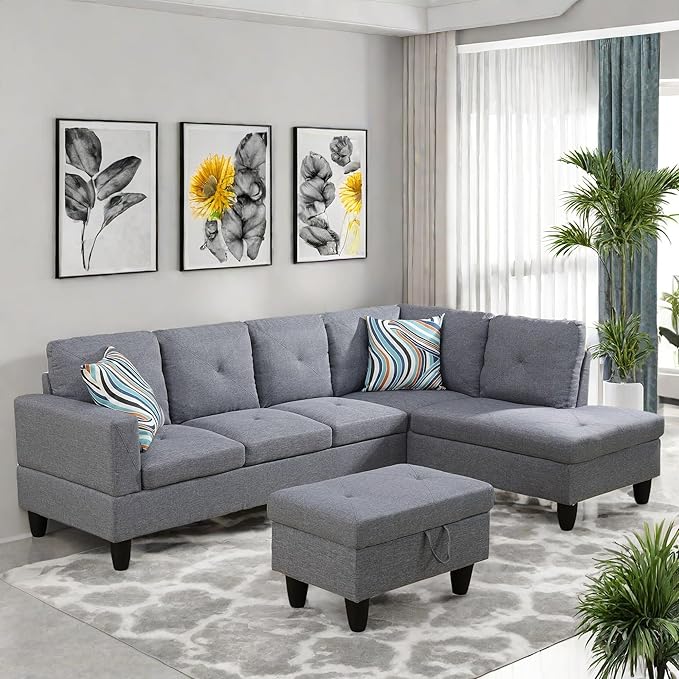 Modular Sectional Couch, L Shaped Couch with Storage, Convertible Sofa with Ottomans, Modern Sectional Sofa for Living Room and Office, Grey