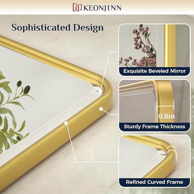 Keonjinn Pivot Mirror Bathroom, 24x30 Inch Gold Tilt Mirror Bathroom for Over Sink, Brushed Gold Framed Mirrors for Bathrooms, Adjustable Beveled Rounded Corner Tilt Wall Mirrors, Horizontal/Vertical