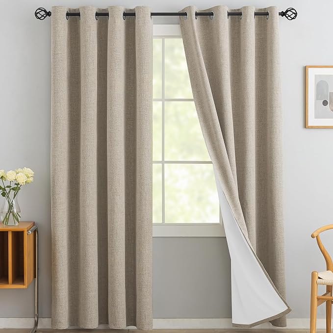 Yakamok Natural Linen Curtains 100% Blackout 90 Inches Long, Room Darkening by Yakamok
