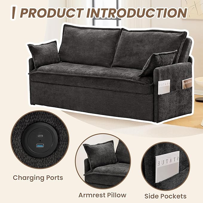 Furnimart 59.5" Queen Size Pull Out Sofa Bed, 3 in 1 Convertible Sleeper Bed with USB/C-Type Charging Ports & Side Pockets, Modern Futon Couch for Living Room, Apartment, RV, Chenille Black