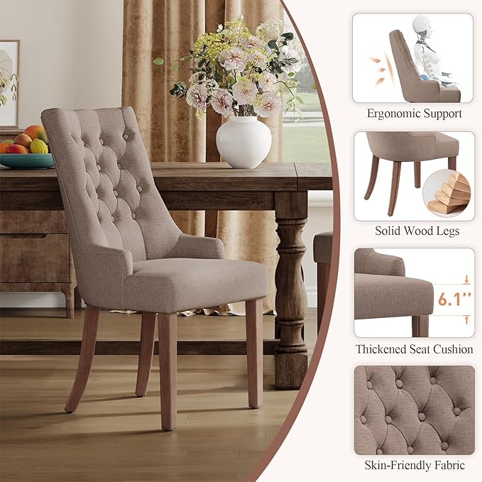 COLAMY Wingback Upholstered Side Dining Room Chairs Set of 2, Fabric Dining Chairs with Tufted Button, Living Room Chairs for Home Kitchen, Taupe