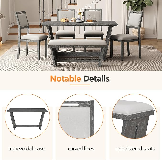 Merax 6-Piece Retro Dining Set, 1 Rectangular Table with Stable Trapezoidal Table Base and 4 Upholstered Chairs and 1 Bench for Dining Room and Kitchen, Antique Gray