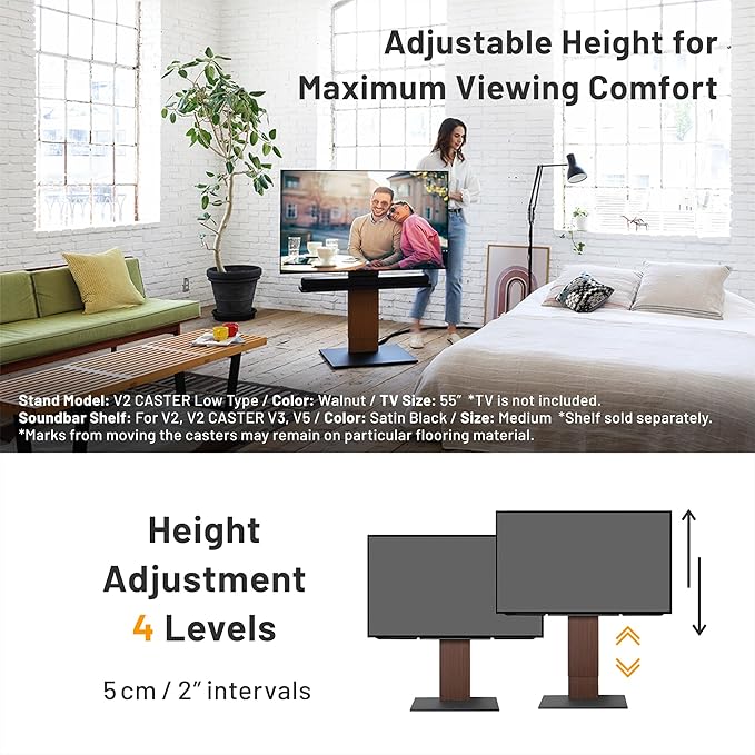 WALL V2 Caster Low Type | Minimalist Rolling TV Stand for 32–60 Inch | Satin White | Portable, Space Saving, Height Adjustable, No Drill | for Living Room and Bedroom | Japanese Design & Engineering