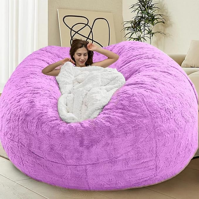 Bean Bag Chairs for Kids Comfy Fluffy Big Joe Bean Bag Chair Covers Only (No Filler) Round Sofa Chairs for Bedroom Living Room Decor, 5FT, Purple