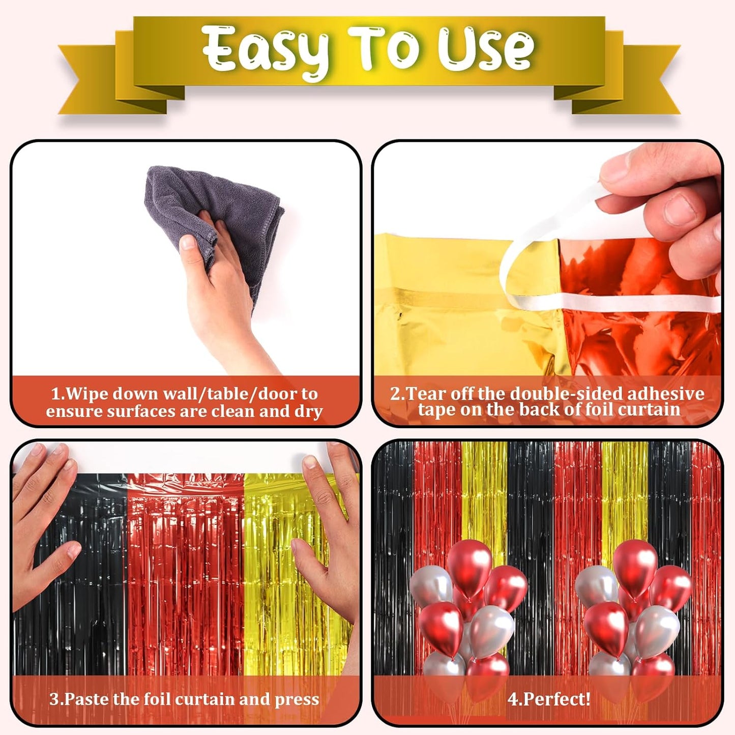 3 Pack 3.3 x 8.2 ft Red Black Gold Foil Fringe Backdrop Curtains, Tinsel Streamers Party Decorations, Fringe Backdrop, Door Shimmer for Thanksgiving Day or Birthday Party