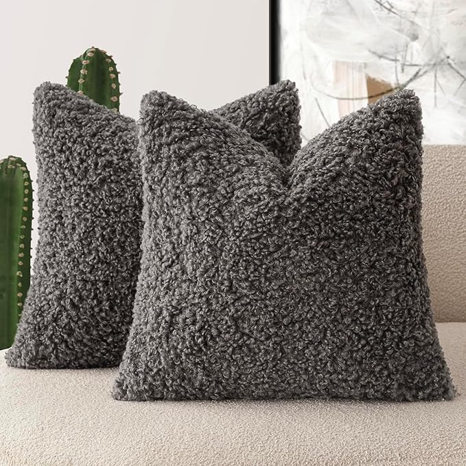 Foindtower 2 Pieces 16x16 Inch Dark Gray, Faux Fur Throw Pillow Cover Accent Sherpa Furry Pillow Covers Fuzzy Soft Pillowcases Cozy Sheepskin Decorative Fleece Cushion Case for Bed Couch Living Room