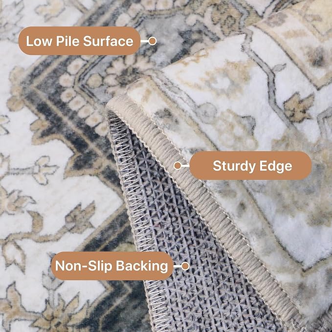 GENIMO 7'6''x9'6'' Area Rugs for Living Room, Machine Washable Non Slip Vintage Rugs, Low Pile Lightweight Chenille Print Rug for Bedroom, Dining Room, Home Office, Heathered Grey
