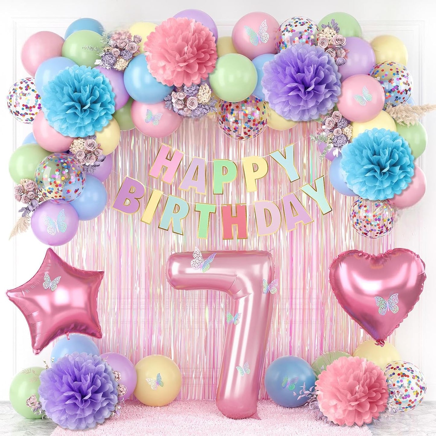 Pastel 7th Birthday Party Decorations for Girls Number 7 Balloon Happy Birthday Banner Butterfly Stickers Fringe Curtain Paper Pom Poms Macaron Pink Star Heart Foil Colorful Balloons 7 Year Old Decor