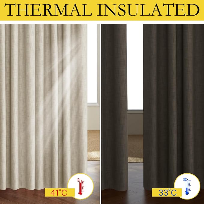 NICETOWN Taupe 100% Blackout Linen Curtains 63 inch Long Burg, Farmhouse Thick - Image 2