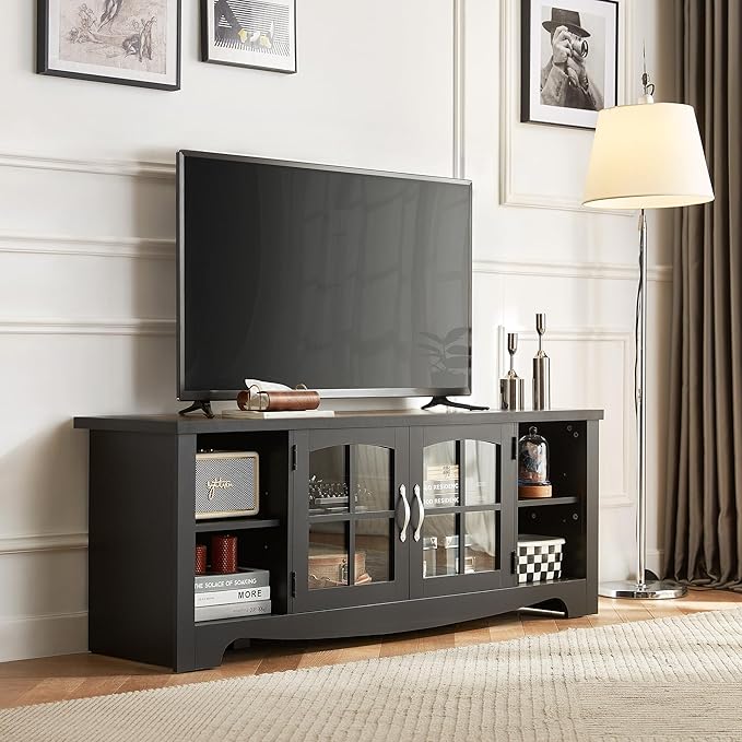 LINSY HOME Farmhouse TV Stand for 65 Inch TV, Wood Entertainment Center with Glass Door Storage Cabinet & Adjustable Shelves, Sturdy TV Console Table for Living Room Bedroom, Black