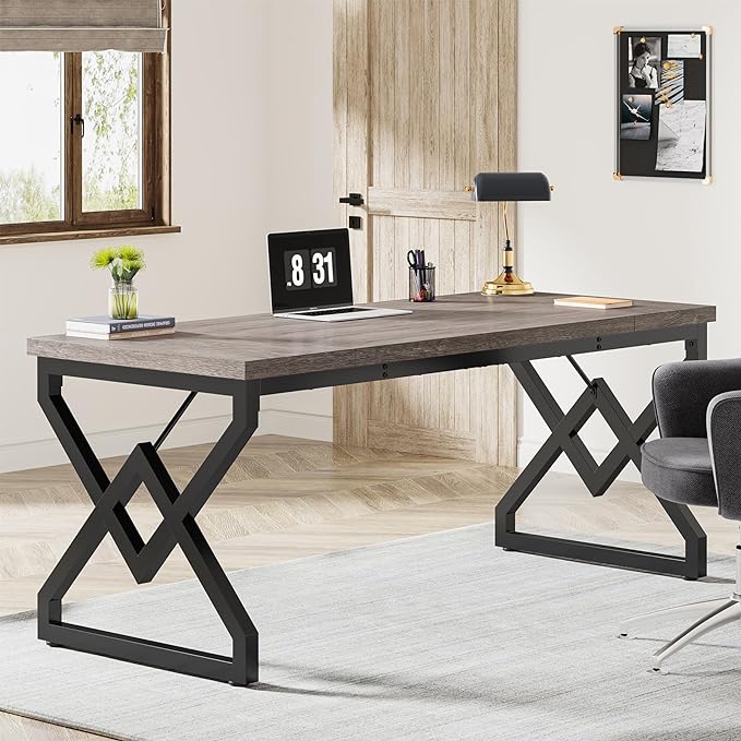 Tribesigns 63 Inch Executive Desk, Large Office Computer Desk with Extra Thick Wooden Tabletop and Metal Frame, Modern Simple Workstation Writing Table Study Desk for Home Office, Gray