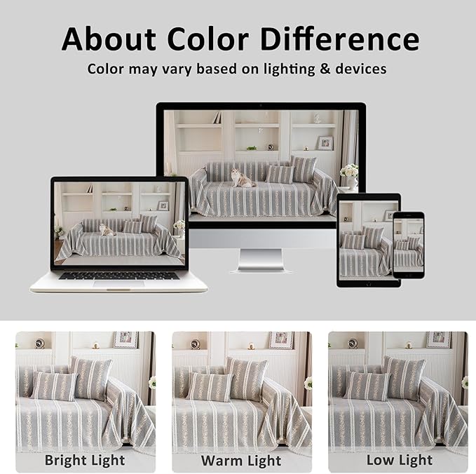 Couch Cover for Dogs Washable Sofa Cover, Sectional Couch Covers, Sofa Covers for 2 Cushion Couch, Non Slip Stripe Sofa Slipcovers Furniture Protector, Couch Protector from Cat Claws, Light,71''x134''