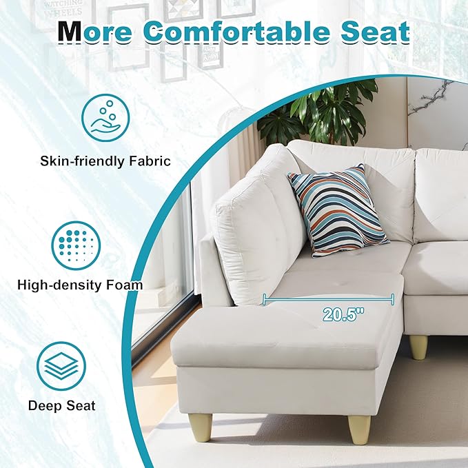 97" Oversized Sectional Couch, L Shaped Couch with Storage Ottoman, Modern Modular Sofa with Deep Seat, Sectional Couches for Living Room and Office, White (Flannel)