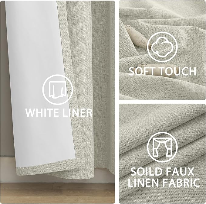 Yakamok Cream Linen Curtains 100% Blackout 84 Inches Long, Room Darkening - Image 6