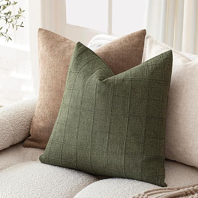 Foindtower Set of 2 Decorative Linen Check Throw Pillow Covers Neutral Farmhouse Vintage Cushion Covers Modern Boho Home Decor for Sofa Chair Couch Bedroom Living Room Outdoor,16×16 Inch,Olive Green