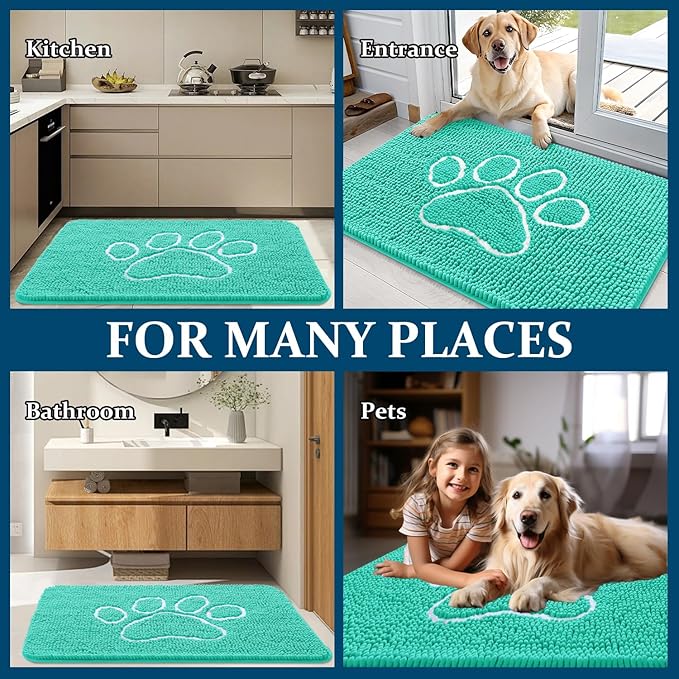 OLANLY Door Mat for Muddy Dog Paws 30x20, Ultra Absorbent Chenille Mud Doormat with Paw Print Design, Non-Slip Washable Doormat for Indoor Entryway, Quick-Dry Pet Bed Mats for Dirty Dogs, Teal