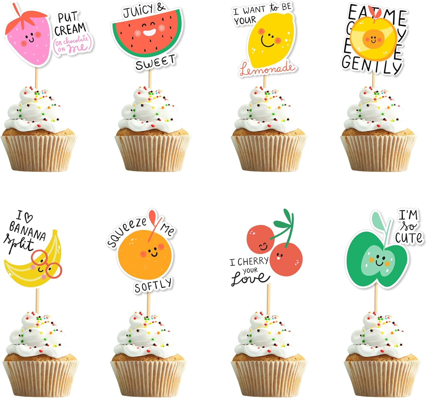24pcs Tutti Fruity Fruit Cupcake Toppers - Tropical Summers Kids Happy Birthday Cake Toppers - Watermelon, Lemon, Strawberry, Cherry Cake Decorations for Baby Shower Party Decorations