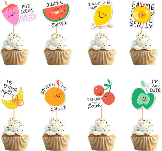 24pcs Tutti Fruity Fruit Cupcake Toppers - Tropical Summers Kids Happy Birthday Cake Toppers - Watermelon, Lemon, Strawberry, Cherry Cake Decorations for Baby Shower Party Decorations