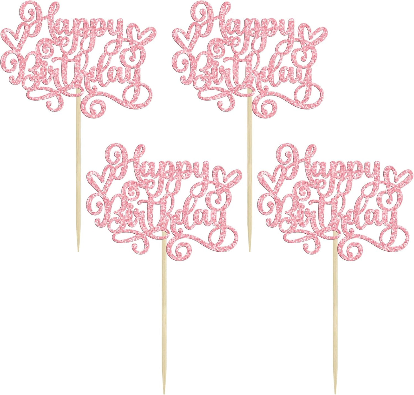 Gyufise 24Pcs Happy Birthday Cupcake Toppers Glitter Happy Birthday Cupcake Picks for Celebrating Happy Birthday Anniversary Theme Party Cake Decorations Supplies Pink