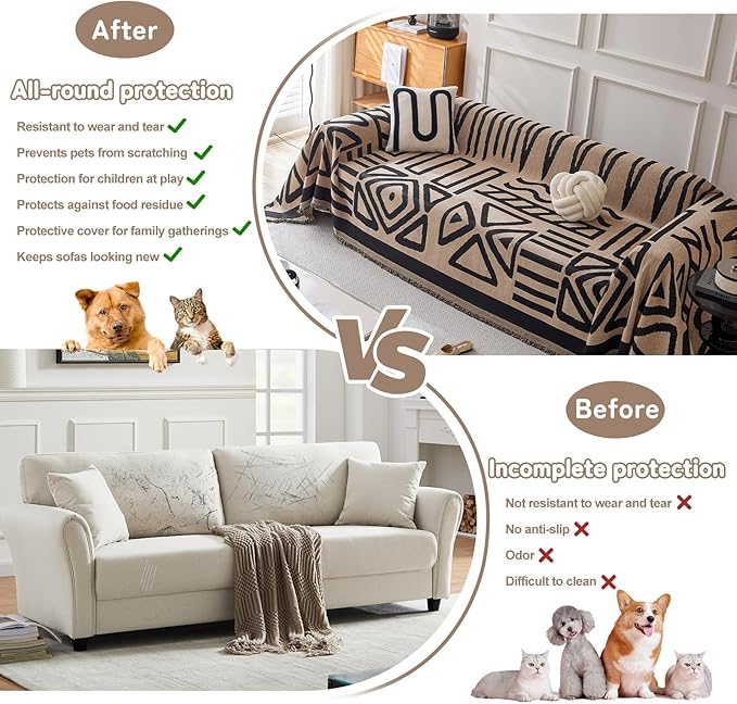 HANDONTIME Boho Geometric Couch Covers for Sofa Pet Friendly Taupe and Black Sofa Covers Washable Chenille Couch Blanket Cover for 2 3 Cushion Couches Pet Protector Furniture Cover Soft, 71" X 118"