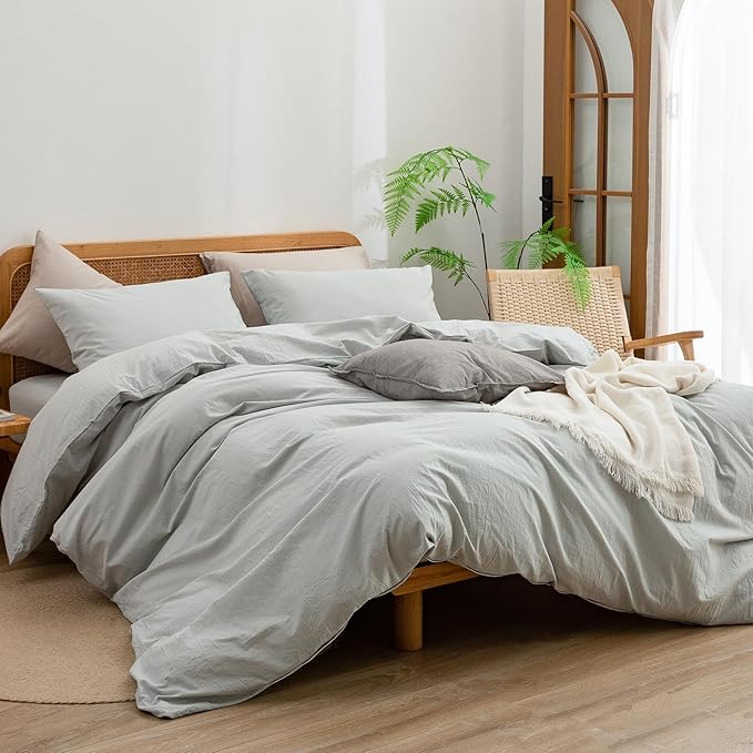 BESTOUCH Duvet Cover Set 100% Washed Cotton Linen Feel Super Soft Comfortable Chic Lightweight 3 PCs Home Bedding Set Solid Northern Droplet Grey Super King Plus
