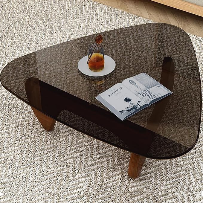 Mid Century Modern Glass Coffee Table, Small Coffee Table for Living Room, Elegant and Functional Coffee Tables Suitable for Bedroom Living Room Reception Office Tables（Walnut/Grey，Small）