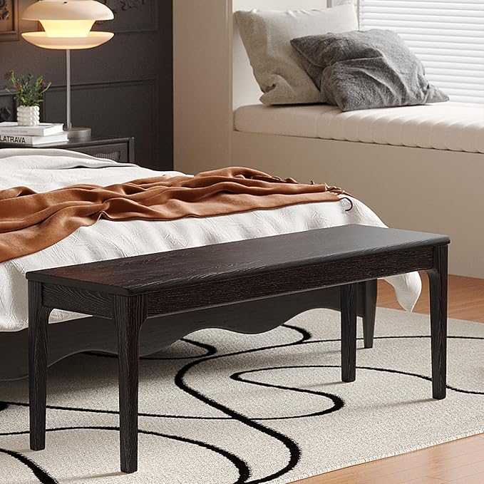 Dining Bench, Wood Bench Solid Oak Wooden Bench Indoor Dining Room Table Home Bedroom Bed End Restaurant Modern Hallway Furniture (Black, 72" W x 13.8" D x 17.7" H)