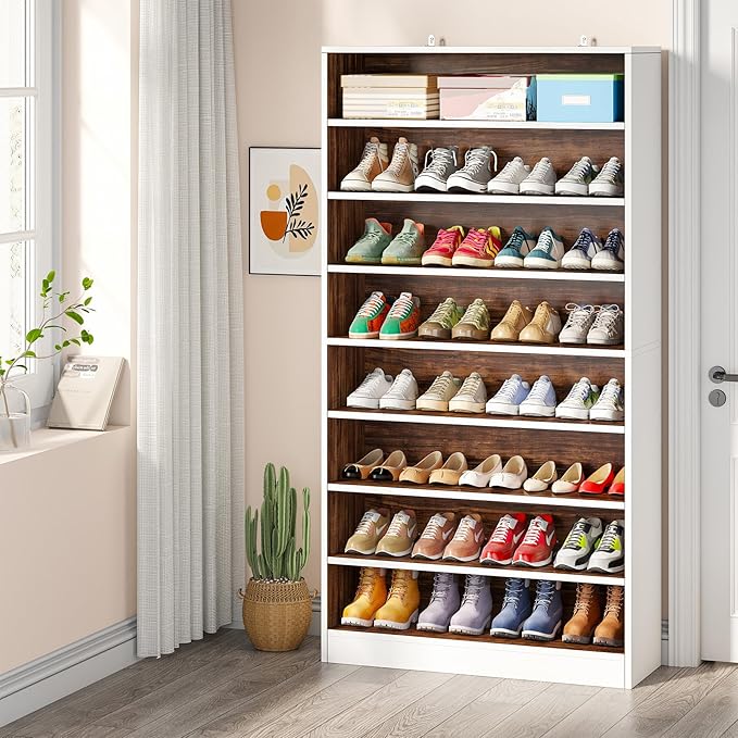 Tribesigns Tall Shoe Cabinet, 9 Tiers 40-45 Pairs Heavy Duty Wood Freestanding Shoe Storage Cabinet, 70.8'' Tall Shoe Cabinet with Open Storage for Entryway (White/Brown)