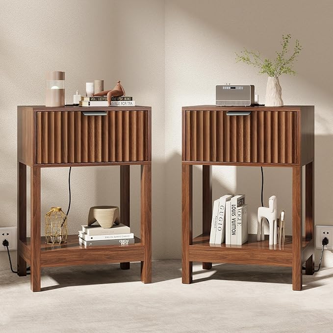 Night Stand Set 2, Fluted Nightstand with Charging Station, Wood Bedside Table with Drawer & Storage Shelf, Modern End Tables for Bedroom Sofa Couch Office, Walnut