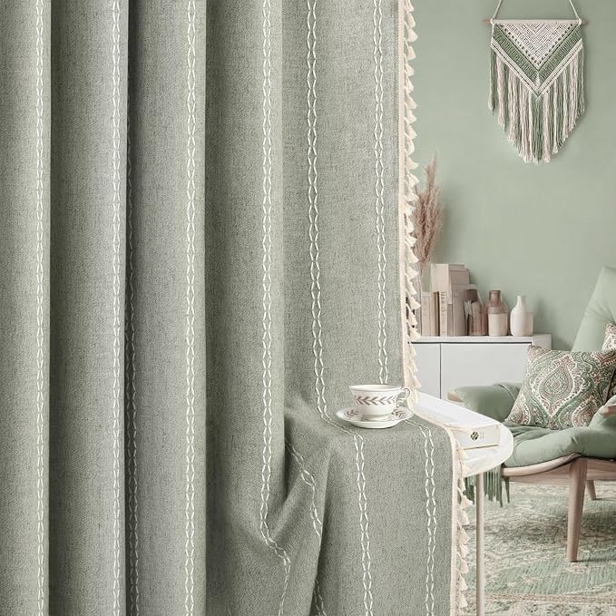Boho Blackout Curtains 96 Inches Long Sage Green Linen Blend 2 Panels - Image 7