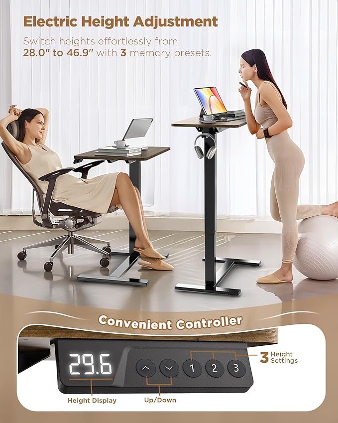 Electric Adjustable Height Standing Desk - Small Sit Stand Portable Rolling Laptop Table with Hidden Wheels, Small Computer Workstation for Bedside & Home Office Use (24"x16",Dark Walnut)