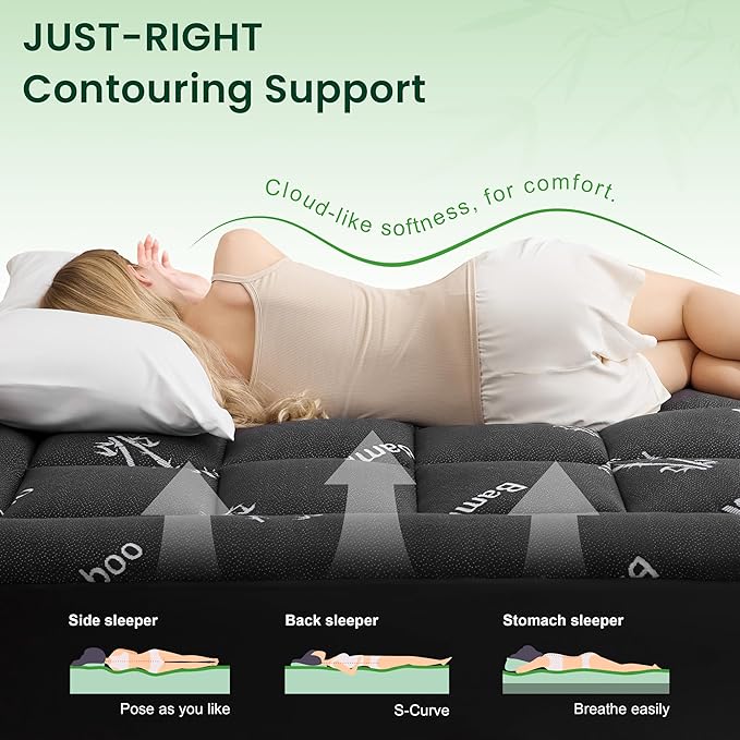 Love's cabin Full Size Mattress Topper, Rayon Derived from Bamboo, 900 GSM Mattress Topper Pad, Thick Pillow Top Mattress Pad with Stretches up 8"-20" Deep Pocket(54"x75"), Black