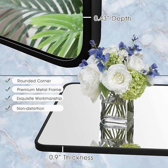 30x48 Inch Rectangle Bathroom Mirror with Black Metal Frame, Rounded Corner Rectangular Vanity Mirror for Wall, Modern Large for Bedroom, Living Room, Horizontal or Vertical