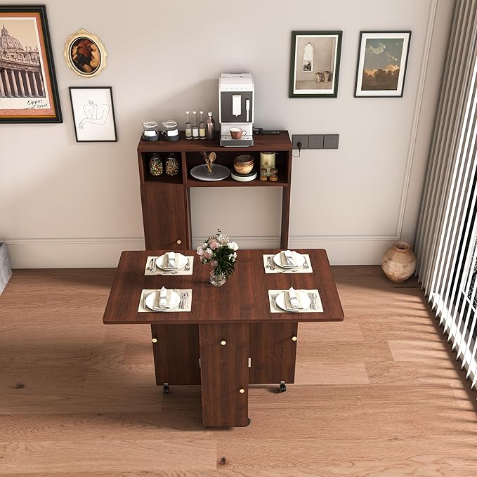 Ball & Cast Multifunctional Folding Dining Table with Wall-Mounted Sideboard & Storage,Wood Kitchen Island w/Four-in-one Socket and Silent Wheels,Space-Saving,Easy to Assemble,for Dining Room,Walnut