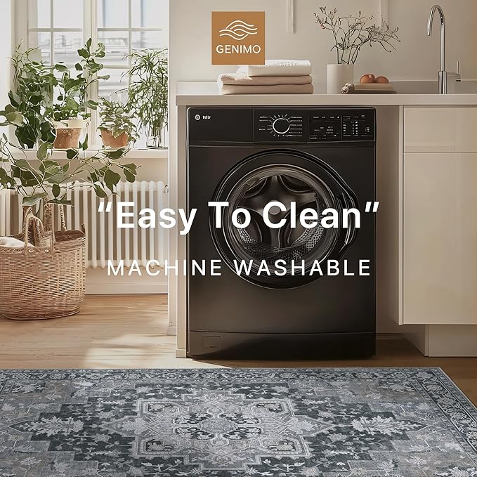 GENIMO 10x12 Area Rugs for Living Room, Machine Washable Non Slip Vintage Rugs, Low Pile Lightweight Chenille Print Rug for Bedroom, Dining Room, Home Office,Dark Gray