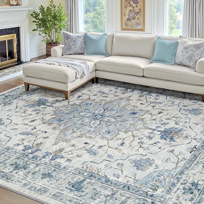 Area Rugs 7'x9' Washable Non-Slip, Floral Vintage Distress Print Pattern - Image 2