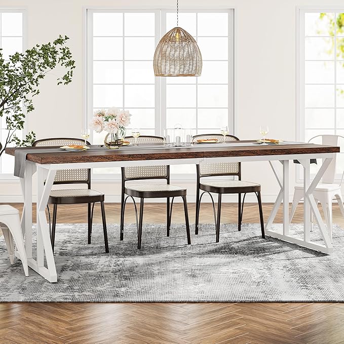 Tribesigns Farmhouse Dining Table for 6-8 People, 78.7-Inch Rectangular Wood Dining Table, Rustic Kitchen Table with Heavy Duty Metal Legs for Dining Room