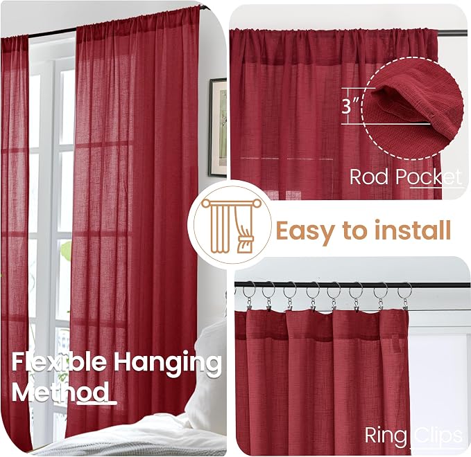 BGment Burgundy Linen Curtains 90 Inch Length - Image 6