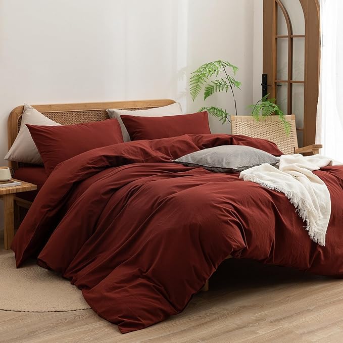 BESTOUCH Duvet Cover Set 100% Washed Cotton Linen Feel Super Soft Comfortable Chic Lightweight 3 PCs Home Bedding Set Solid Fired Brick Red Oversized Full