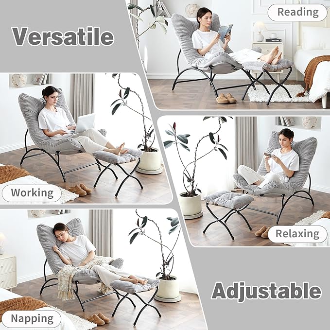 Welnow Accent Lounge Lazy Chair, Comfy Soft Leisure Metal Frame Reading Chair, Upholstered Thick Cushion Seated Recliner Sofa for Living Room, Bedroom, Dorm, Light Grey