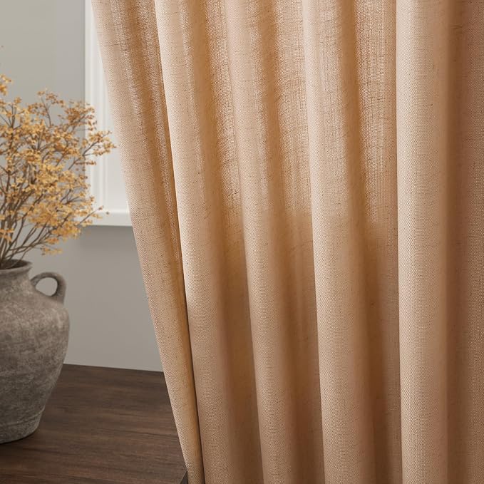 Extra Long Camel Linen Curtain 108 Inches Long 2 Panels Set Back Tab Drapes - Image 3