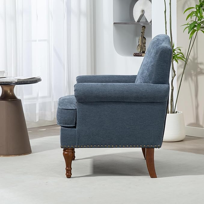 Ball & Cast Accent Chair with Nailhead Trim Armchair,Comfy Chenille Club Sofa Living Room Chairs w/Springs Cushions & Wood Legs,Traditional Single Couch for Bedroom,Farmhouse,Grey