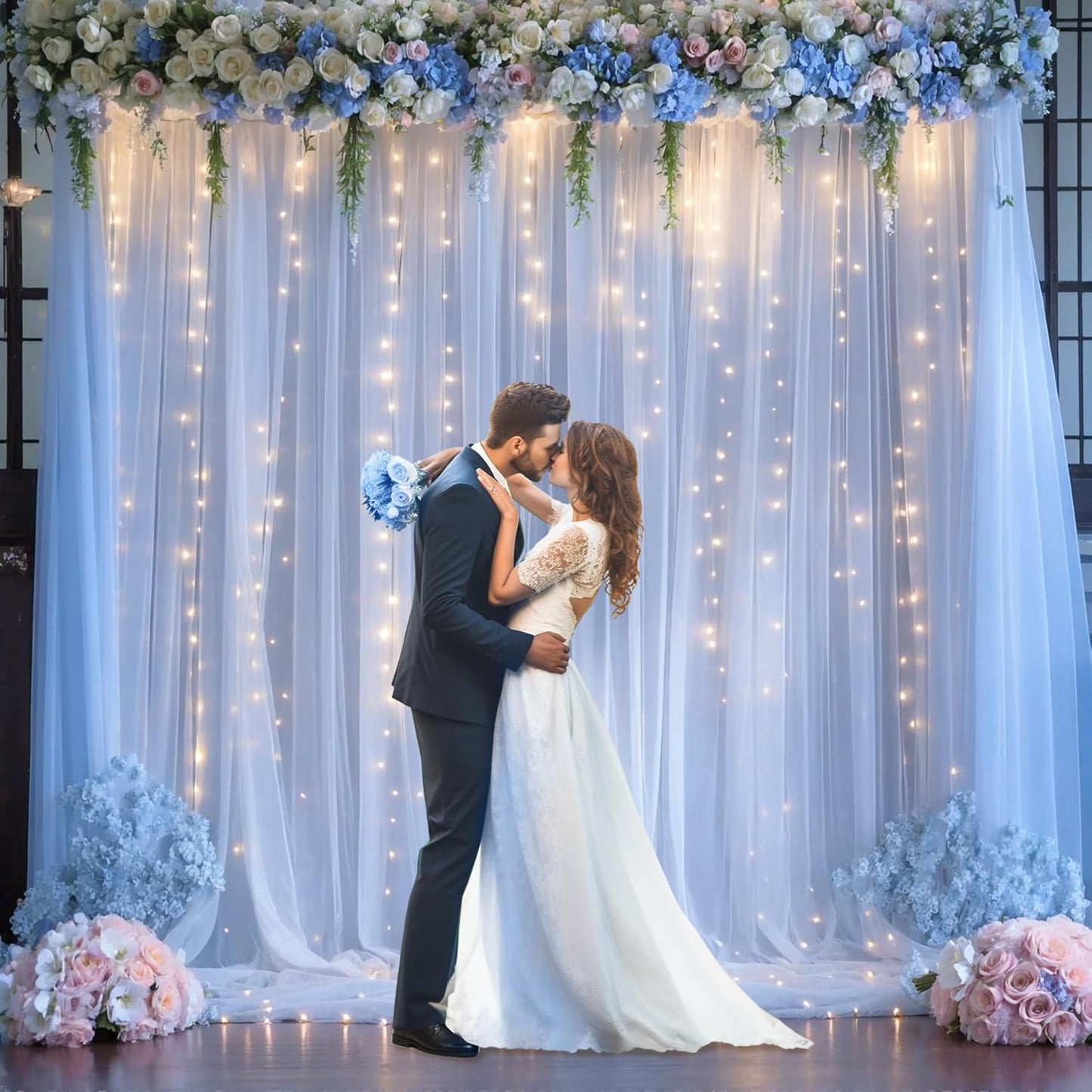 Blue Tulle Backdrop Curtains with Lights String for Parites Baby Shower 20×10ft Blue Sheer Backdrop Curtains Drapes for Bridal Shower Birthday Party Photo Shoot Background Decorations(4 Panels 5×10ft)