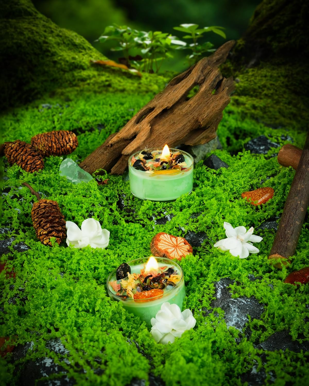 Tealight Soy Candles with Crystals And Herbs, Handmade Energy Candles, Healing Crystal Soy Candles, Aromatherapy Candles. (Green)