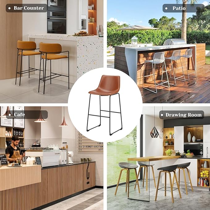 DUMOS 30 Inch Counter Height Bar Stools Set of 4, Modern Faux Leather High Barstools with Back and Metal Leg, Bar Chairs for Kitchen lsland, Elegant Brown